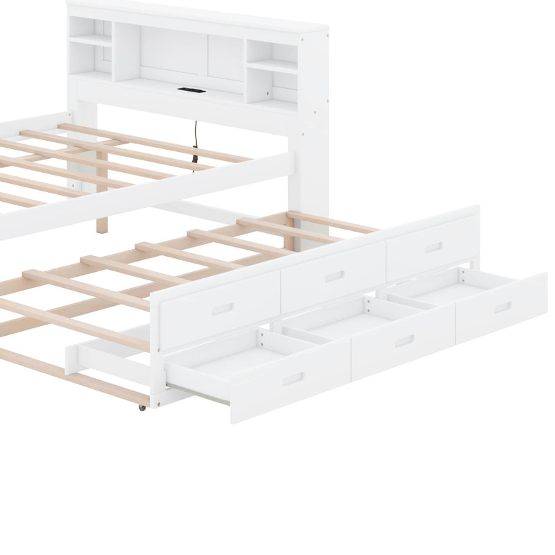 Lit plateforme Nyliah avec tête de rangement, USB, lit gigogne et 3 tiroirs, Double, Blanc