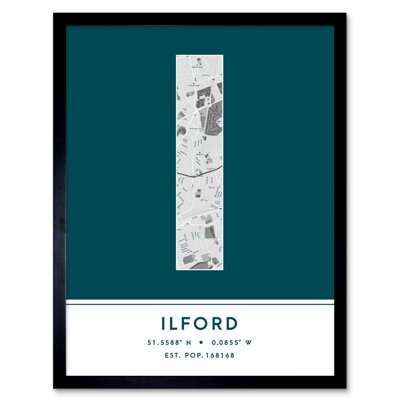 Ilford City Map Ilford Teal - Single Picture Frame Typography