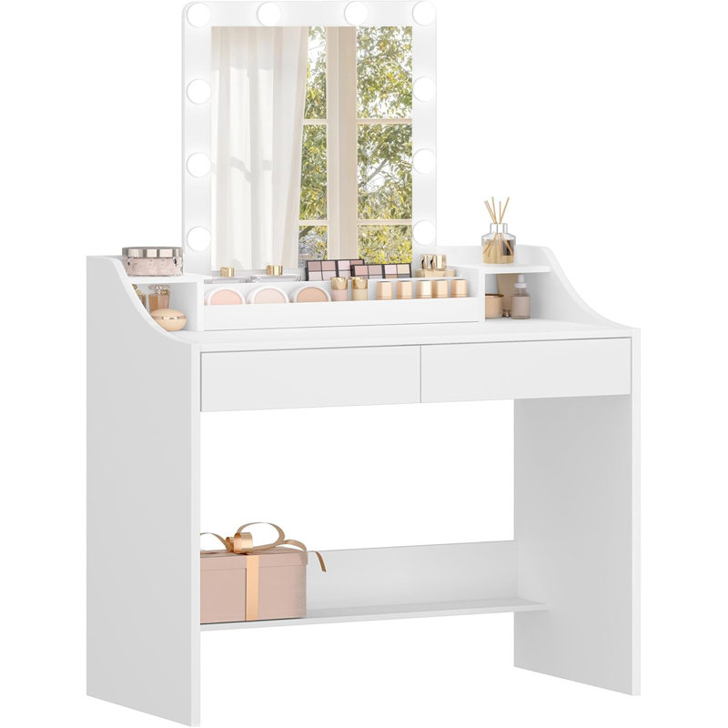 Dressing Table with LED Lights, Adjustable Brightness and Color, Vanity Table with Mirror, Vanity Desk with 2 Drawers and 2 Open Compartments