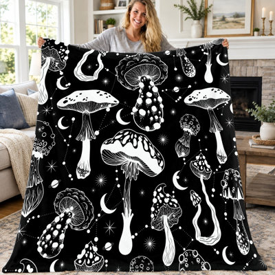 Couverture en flanelle à motif de champignons noirs et de constellations (1 pièce), douce, confortable et légère, idéale pour canapé, lit, salon, chambre d'étudiant ou voyage. Décoration bohème unique pour la maison, toutes saisons. Cadeau idéal.