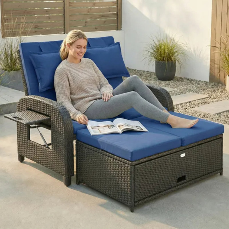 Patio Rattan Daybed, 3-in-1 Convertible Wicker Outdoor Daybed With Storage Ottoman, Adjustable Backrest And Foldable Side Tables