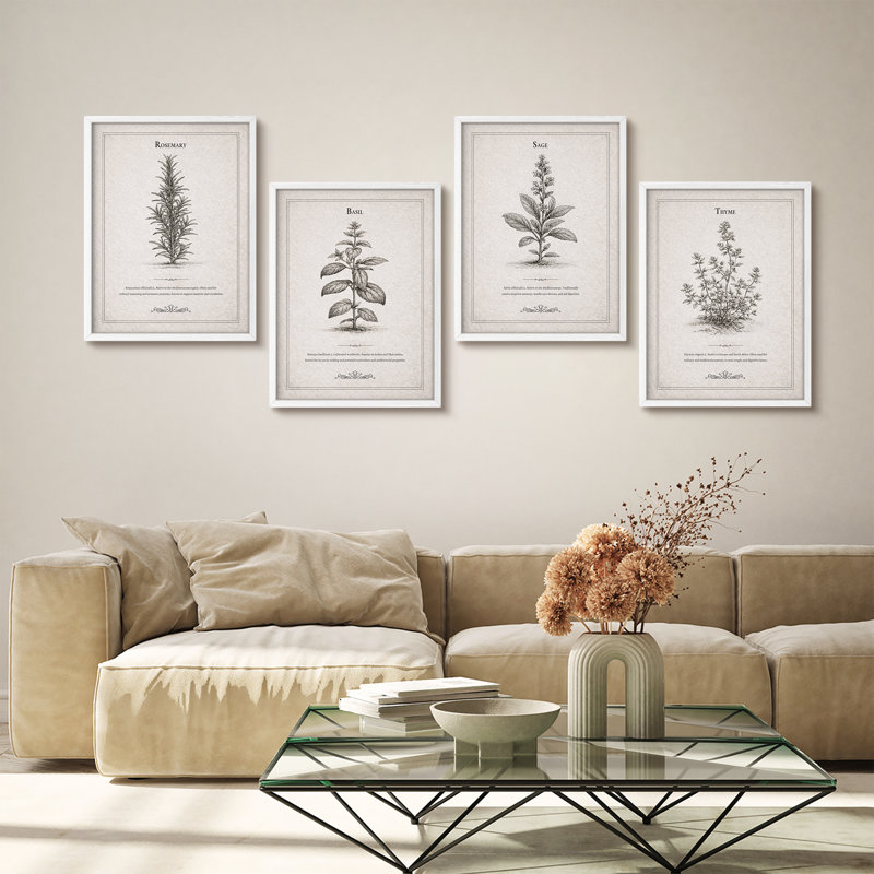 Botanical Herb, ensemble de 4 reproductions d'art encadrées - salon, cuisine, salle à manger, bureau, H 14 po x l 11 po