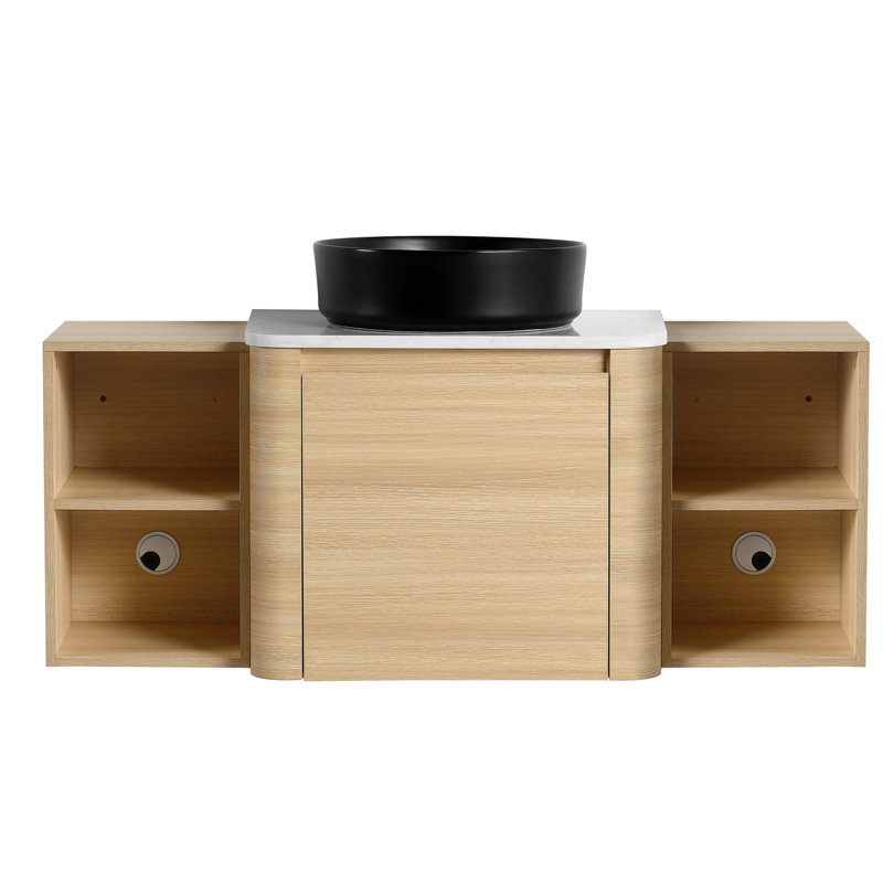 54-Inch Wall-Mounted Bathroom Vanity with Ceramic Art Sink, 2-Storage Shelves, and Soft-Close Doors, Space-Saving and Stylish