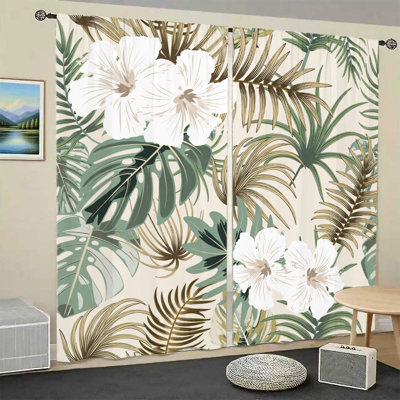 2 pièces de feuilles tropicales et rideaux d'hibiscus, motif botanique bohémien, rideaux filtrant la lumière artistique, conception à passe-tringle, pour le salon, la chambre à coucher, le balcon, la cuisine, la décoration extérieure