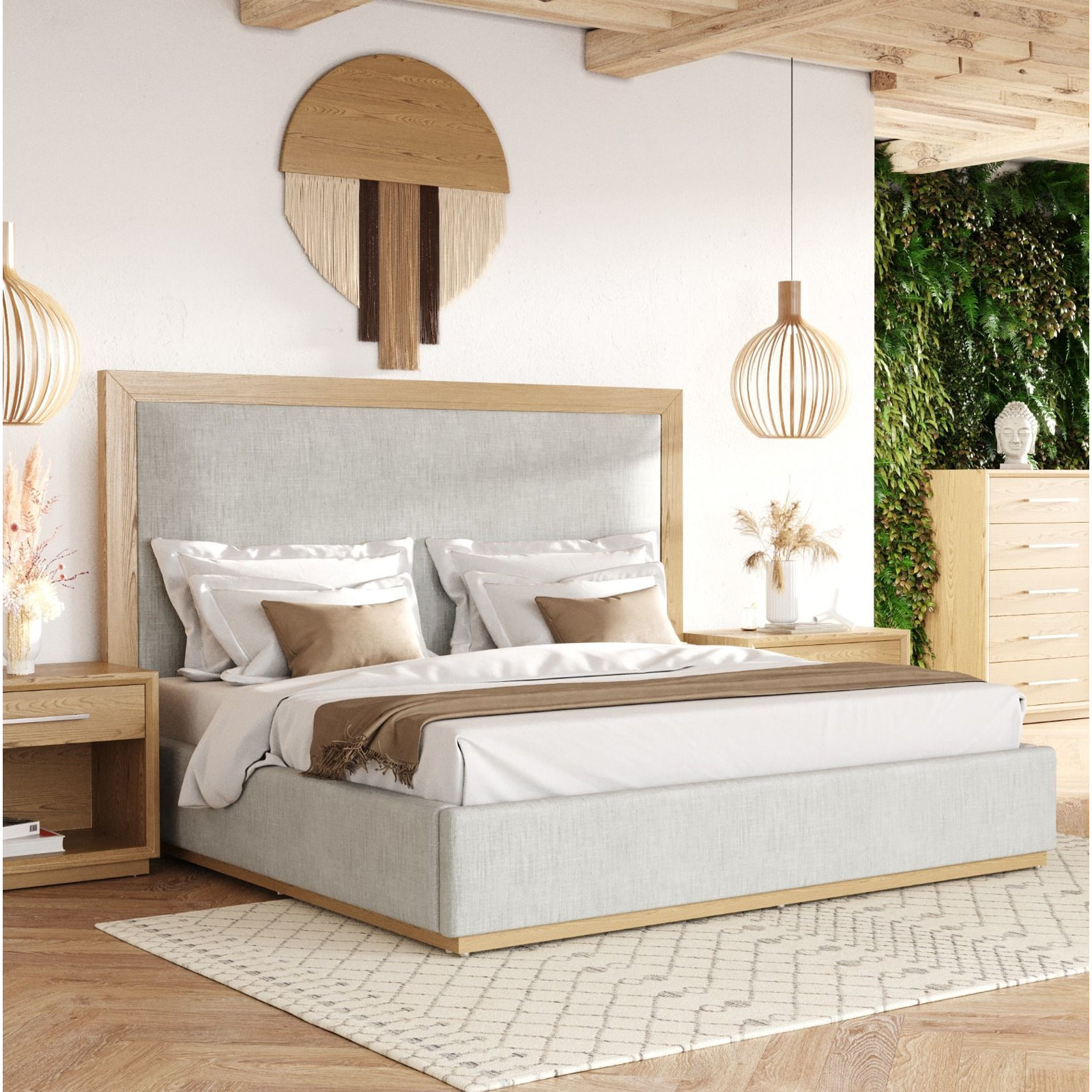 Reanna Upholstered Bed, Queen, Natural Wood/Gray