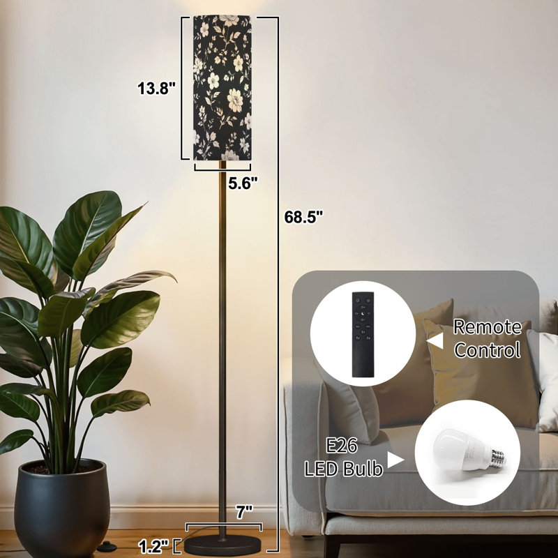 Lampe sur pied à motif floral délicat à motif floral noir et blanc avec interrupteur au pied et télécommande