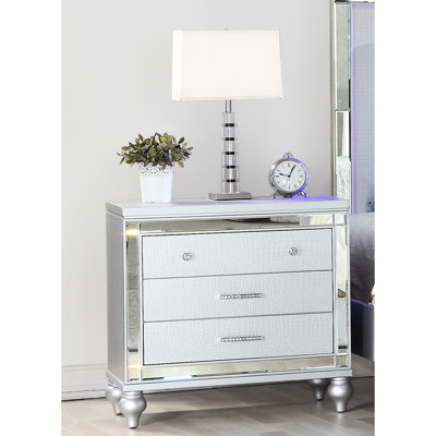 Stylish Bedroom 3 Nightstand - Silver Finish Appeal Contemporary With Mirror Accents 3 Drawer Glamour Element