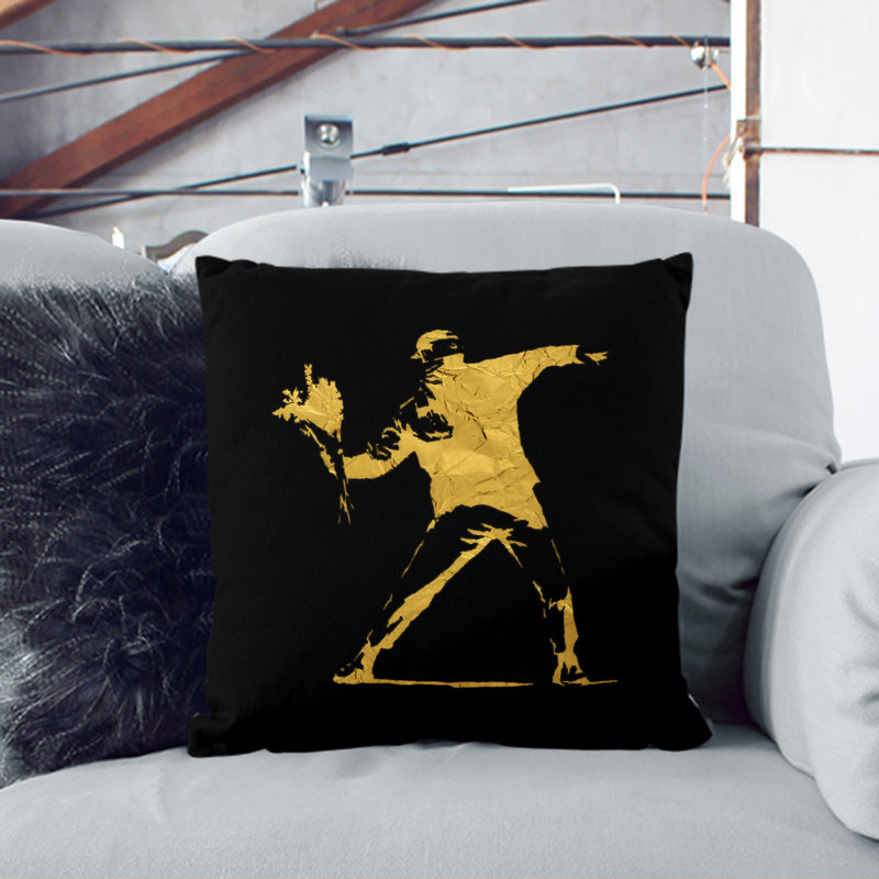 Banksy In Black Gold Flower Thrower Square Throw Cushion, Stone, 40cm H x 40cm W x 15cm D