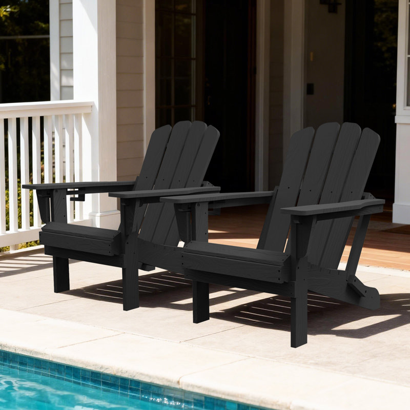 Outdoor Weather-Resistant High Density Polyethylene Foldable Adirondack Chairs with Cup Holder Set of 2, Black