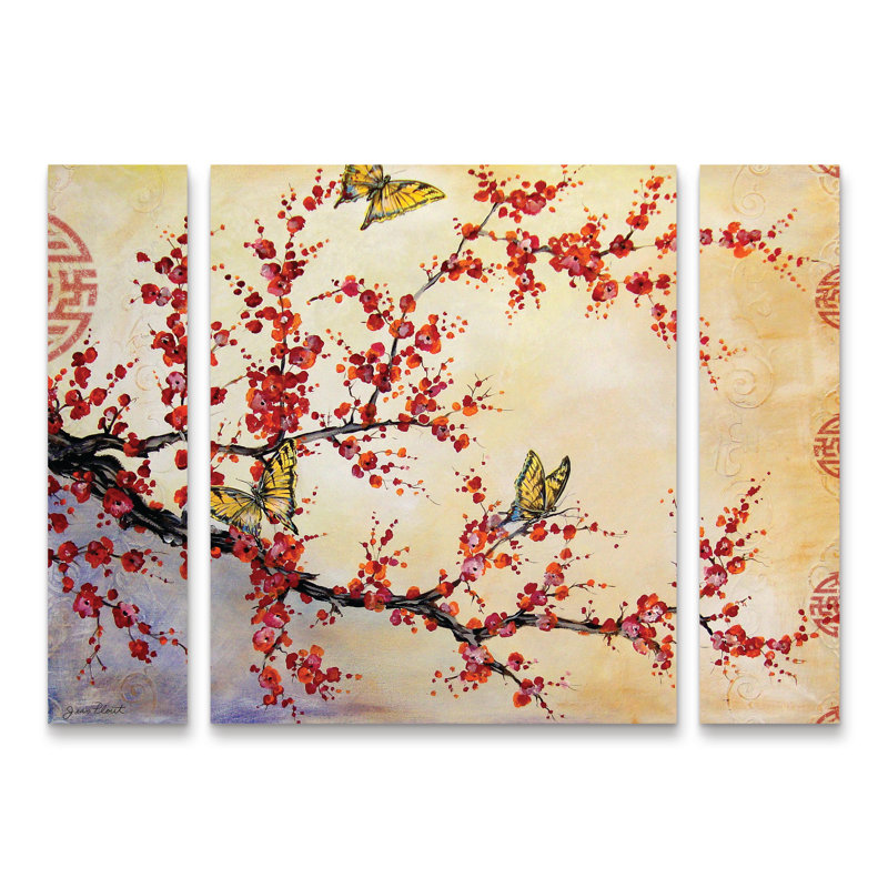 Ensemble de 3 panneaux d'art Jean Plout «Butterfly Blossoms Asian», H 24 po x l 32 po x P 2 po