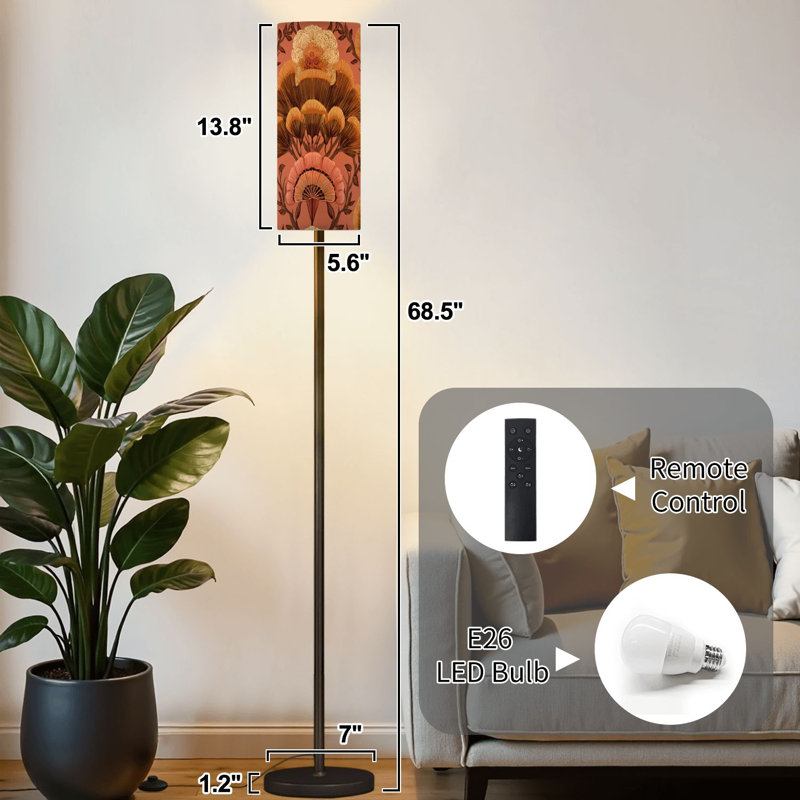 Lampe sur pied rétro à fleurs en forme d'éventail à fleurs, intensité variable, lampe sur pied moderne avec télécommande, pédale, abat-jour, abat-jour, grand lampadaire pour salon, chambre à coucher, bureau
