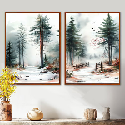 Chemin forestier de pins enneigés - Grand tableau mural en deux parties représentant un pin