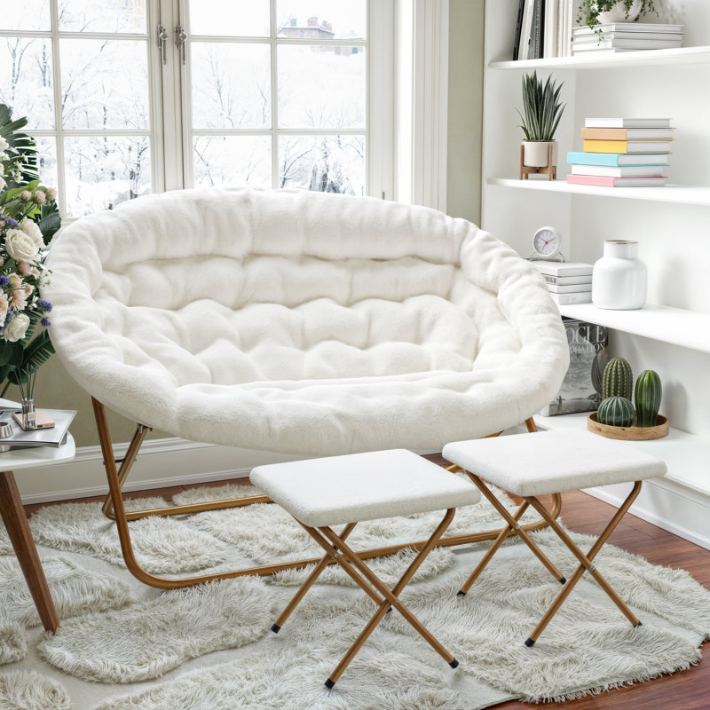 Chaise pliante rembourrée à double soucoupe avec structure en acier et 2 repose-pieds pliants, Polyester blanc