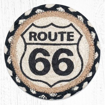 Large Round Coaster – Route 66 Print in Braided Jute, 7" H Rustic Americana Table Accent