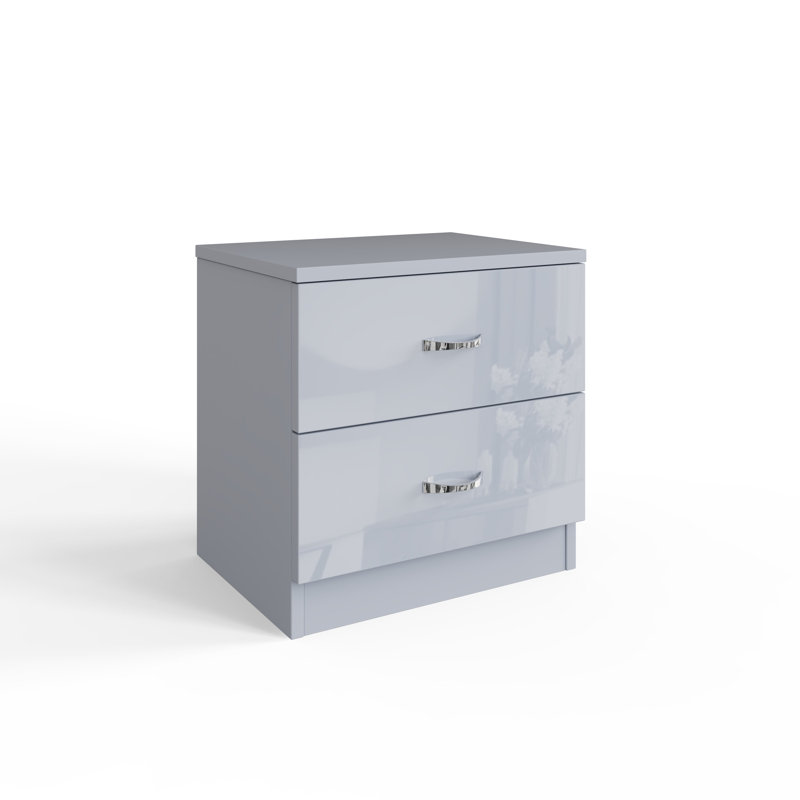 Brendle 2 Drawer Bedside Table Nightstand. High Gloss Front with Chrome Handles, Scratch Resistant., Grey