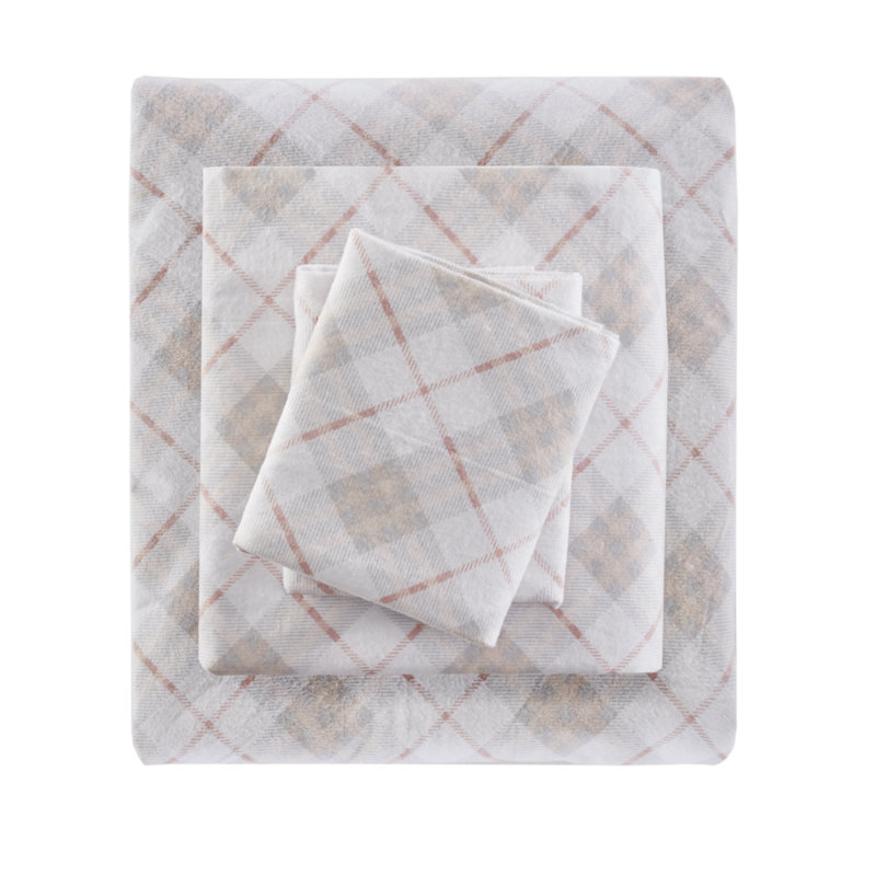 Cozy Flannel 100% Cotton Sheet Set, Full / Double Sheet Set with 2 Pillowcases, Pink Plaid