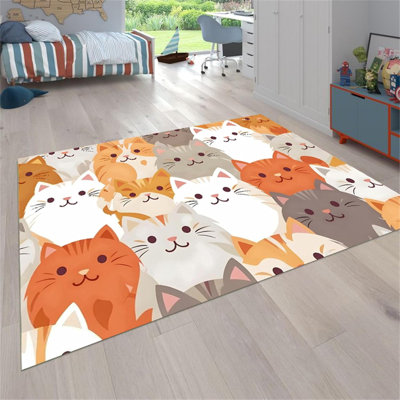 Cartoon Cat Area Rug Orange Color Cat Carpet Rug，Cute Printscat Rug for Bedroom,Non-Slip Washable Carpet Suitable for Living Room, Kindergarten, Room Decoration, 4.6′ × 6.6′