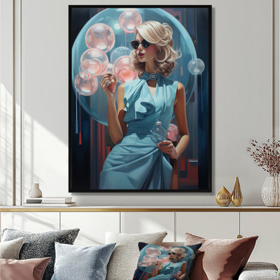 Robe bleue, bulles roses, portrait de style rétro - femme, art mural