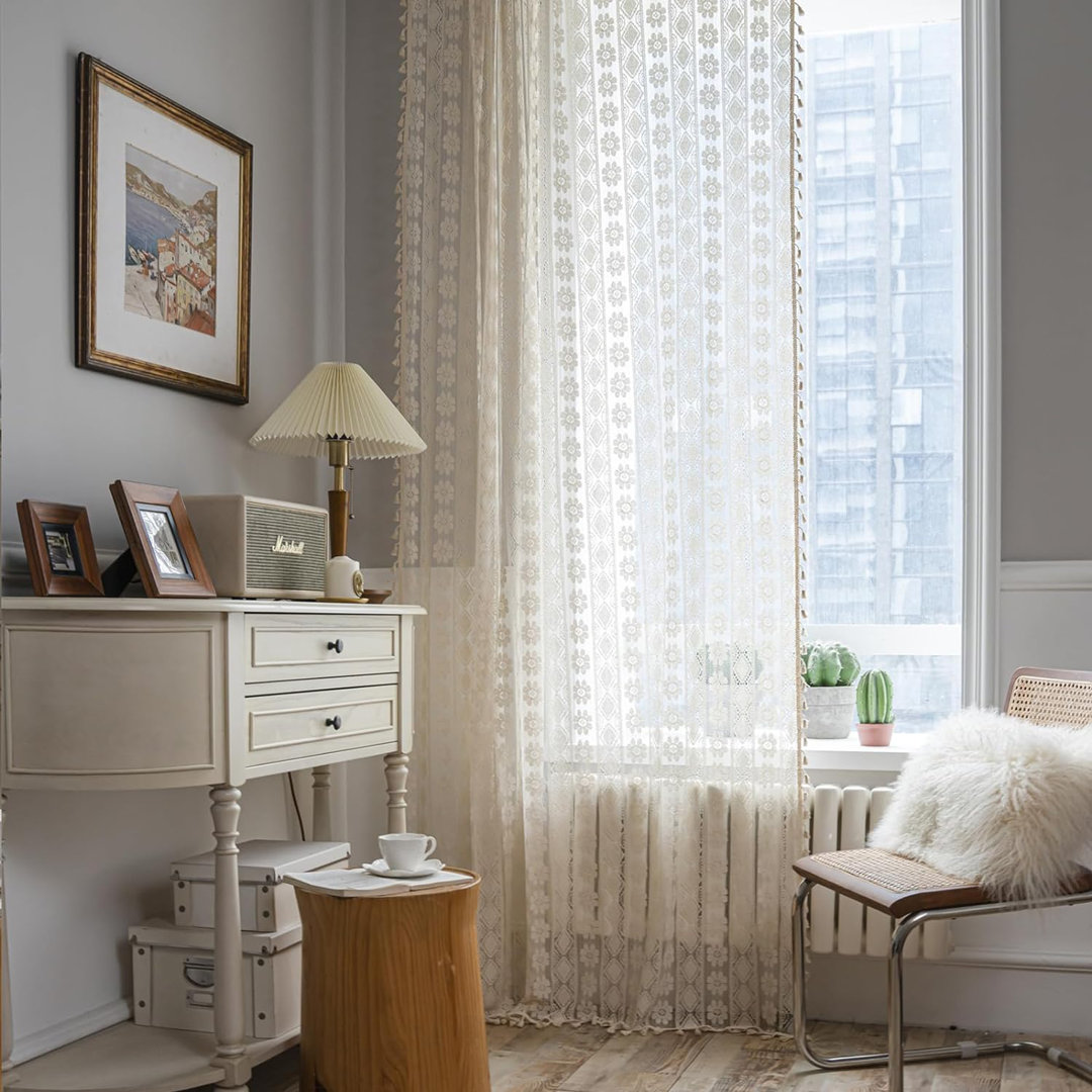 Rosselin 2pcs Curtains Transparent Flower Embroidery Beige Embroidered Lace Curtains Vintage Bungalow Rose Size per 