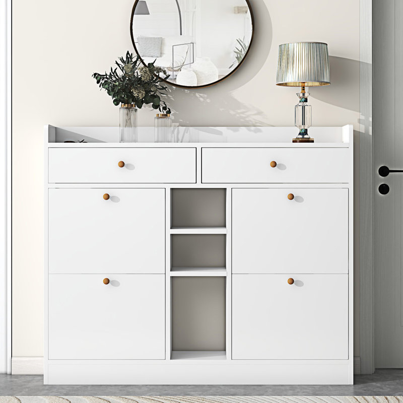 Modern Tipping Bucket Shoe Cabinet With 4 Flip Drawers, White