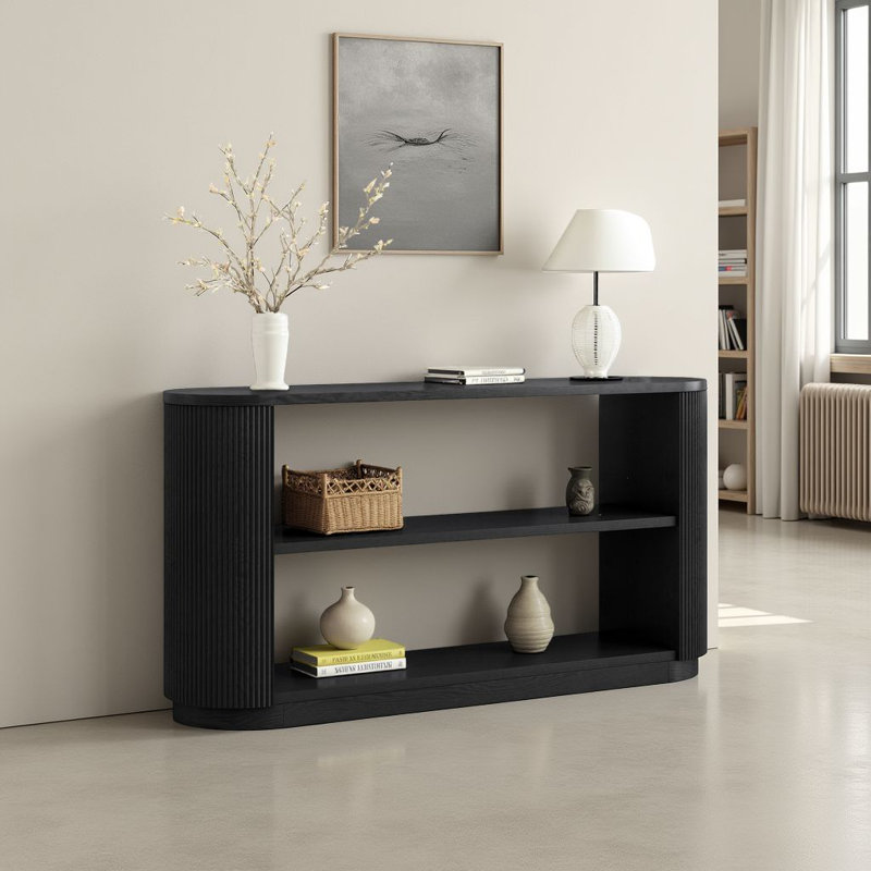 Modern 59" Console Table - Slim Sofa Table with Triple Open Shelves - Curved Fluted Design, Black