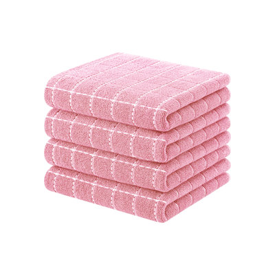 4-Pack Cotton Kitchen Towels, 28" Terry Dish Cloths For Drying, Pink/Light Green/Black/Navy Blue