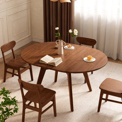 Abhinav Solid Wood Extendable Dining Table, Round to Oval Expandable Table for 4 to 8 People with Leaf and Hidden Storage, Space‑Saving Dining Table