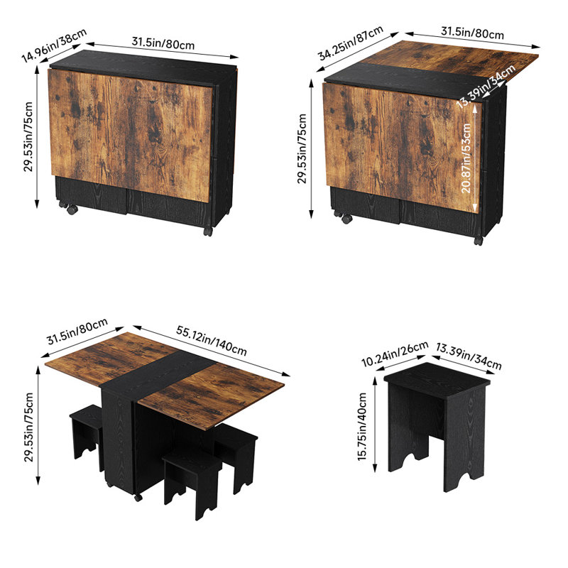 Extendable and Foldable Dining Table Set with 4 Stools and Wheels