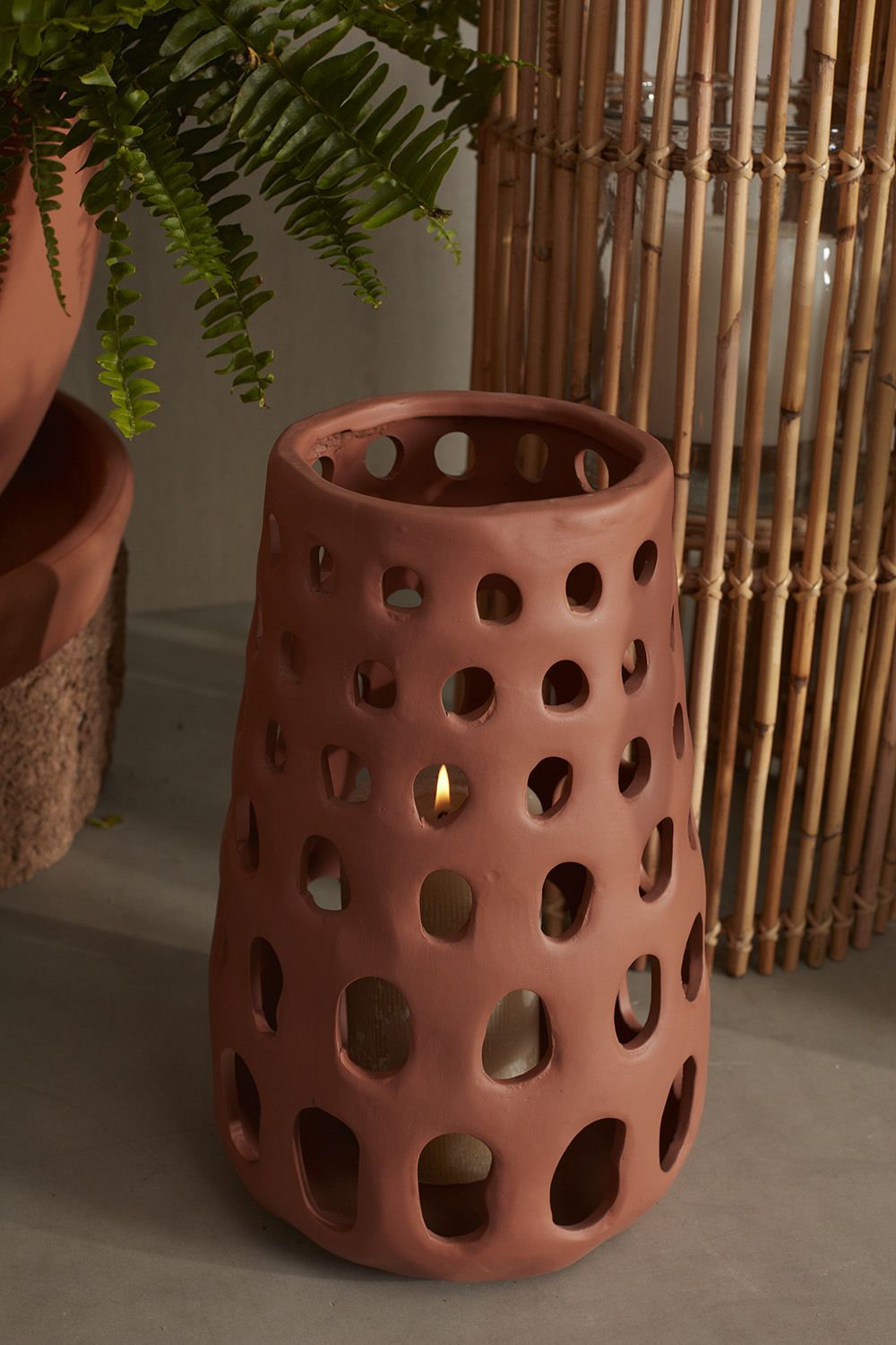 Ceramic Tabletop Lantern, 12.25" H x 8.25" W x 8.25" D