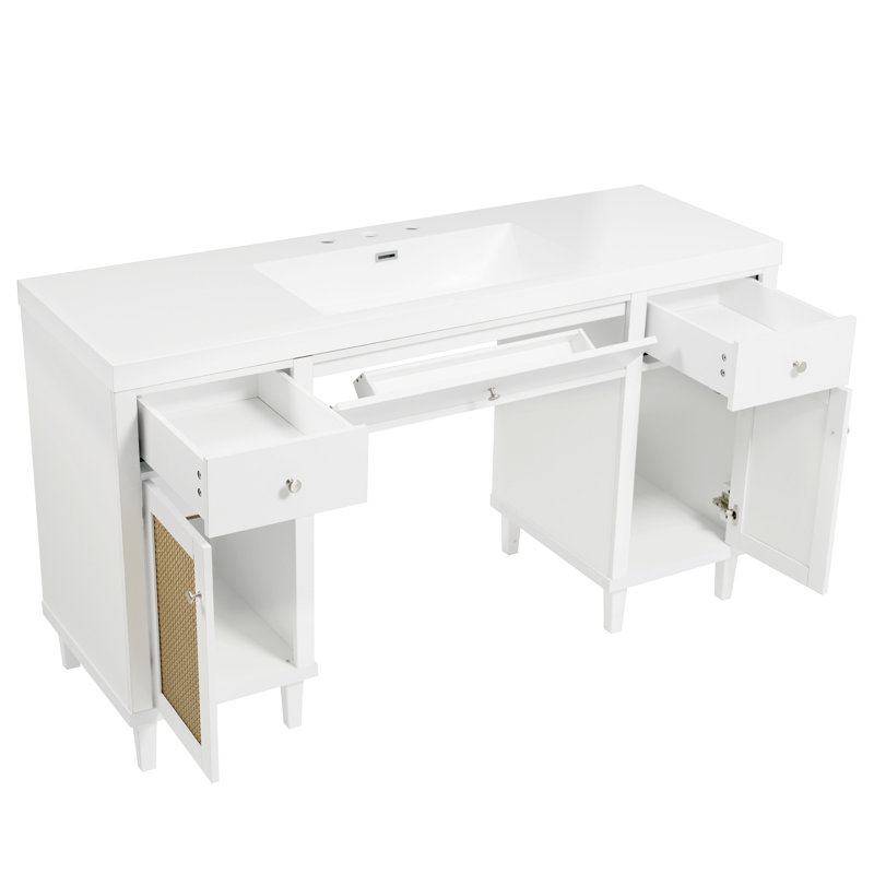 Meuble-lavabo de 60 po avec lavabo SMC, armoire de rangement spacieuse moderne avec tiroirs à fermeture en douceur et plateau basculant, pieds en bois massif et poignées en métal argenté