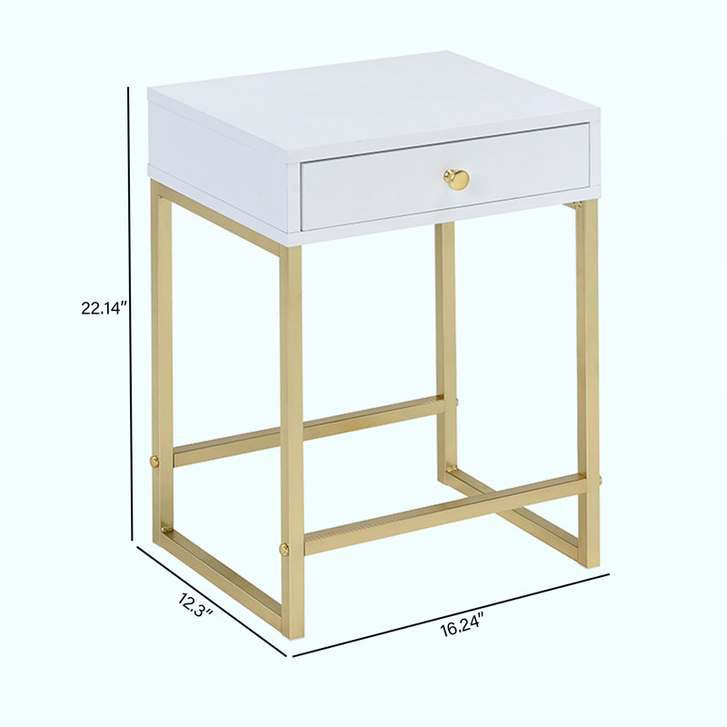 Modern End Table With Drawer - White & Brass Accent Table For Living Room, Bedroom, Entryway | Space-saving, Sturdy Design
