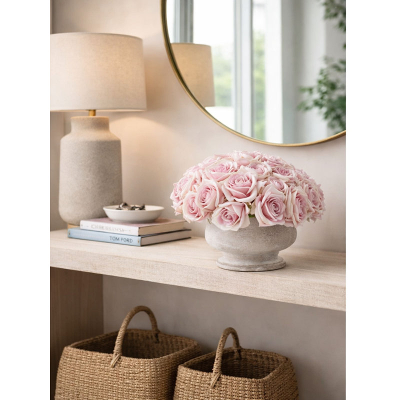 Faux Rose Arrangement in Footed Bowl