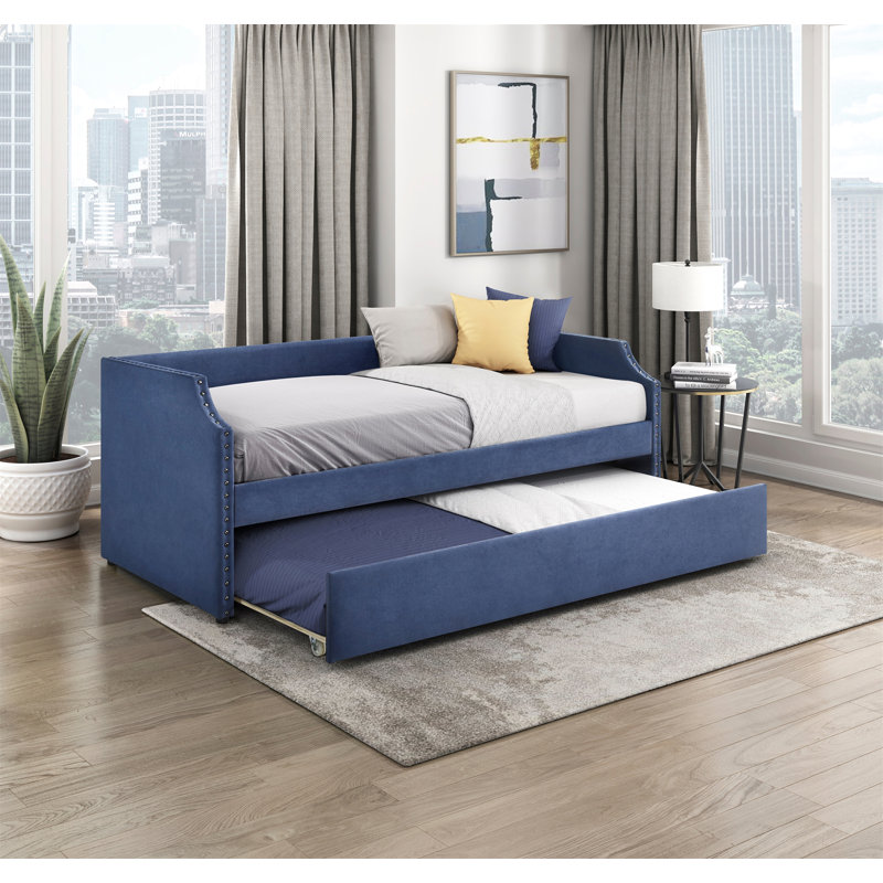 Lit de jour moderne moderne avec lit gigogne en tissu texturé bleu, Bleu
