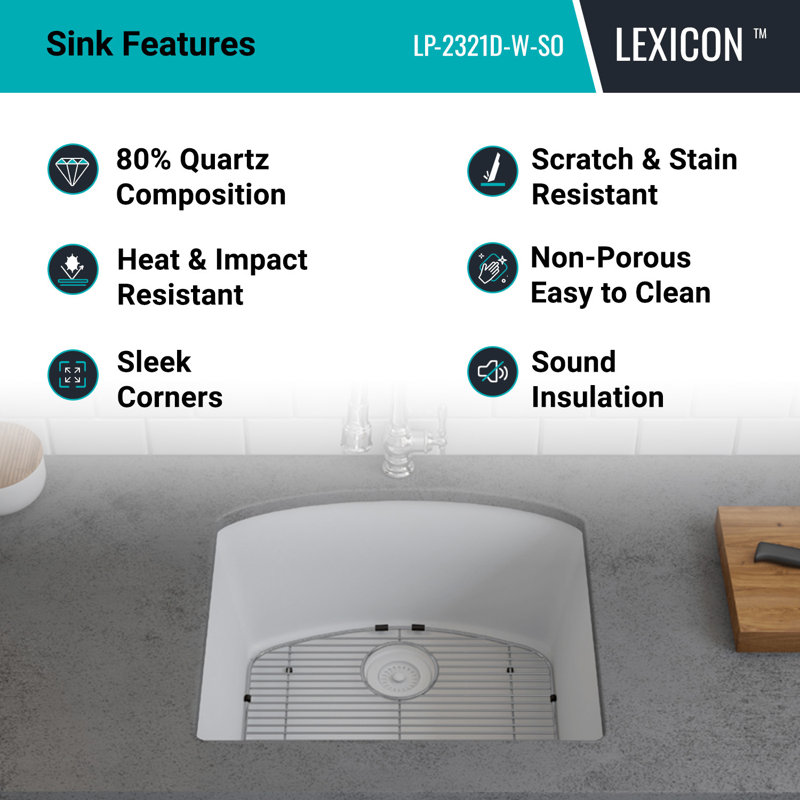 23" x 21" Platinum Quartz Kitchen Sink, D Shape Single Bowl Sink, Drop-in Sink, Undermount Sink, Granite Kitchen Sink, White