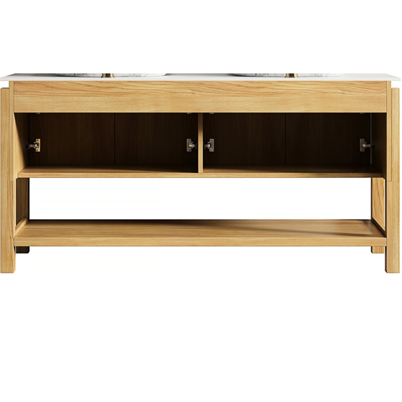 Armoire autoportante 60 po avec 4 portes et tablette ouverte, pierre frittée blanche, finition chêne brun, contreplaqué aqueux, panneaux de porte 3D, étagère à fermeture silencieuse double, surface en pierre, couleur,