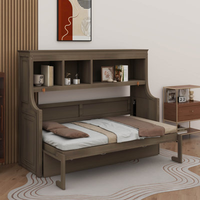 Lit escamotable mural simple avec tablettes ouvertes et bureau intégré, armoire cachée en bois peu encombrante