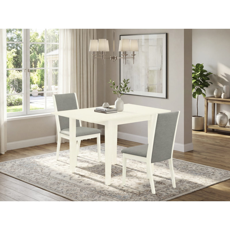 Rectangular Solid Wood Top With Dropleaf Dining Table Set, Linen White, 3 Pieces: 1 Table, 2 Chairs, Gray/White