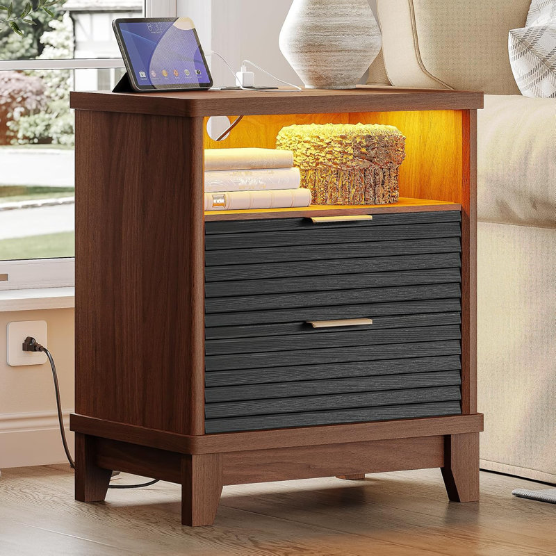 2 Drawers Wood Nightstand with LED Open Cubby Fluted End Table Charging Station , Black/Walnut, Individual
