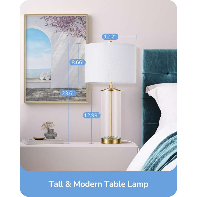 Abat-jour en lin blanc, ensemble de 2 lampes de chevet hautes pour salon, interrupteur rotatif, homologué UL