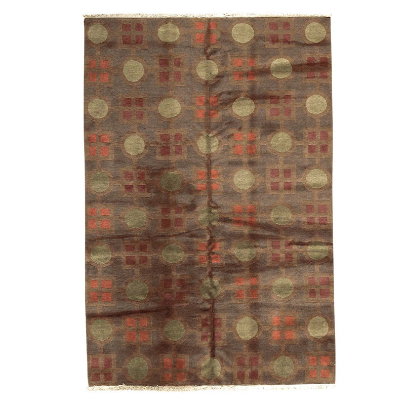 Tapis géométrique gris / orange / rouge en laine noué à la main 6 pi x 9 pi 1 po