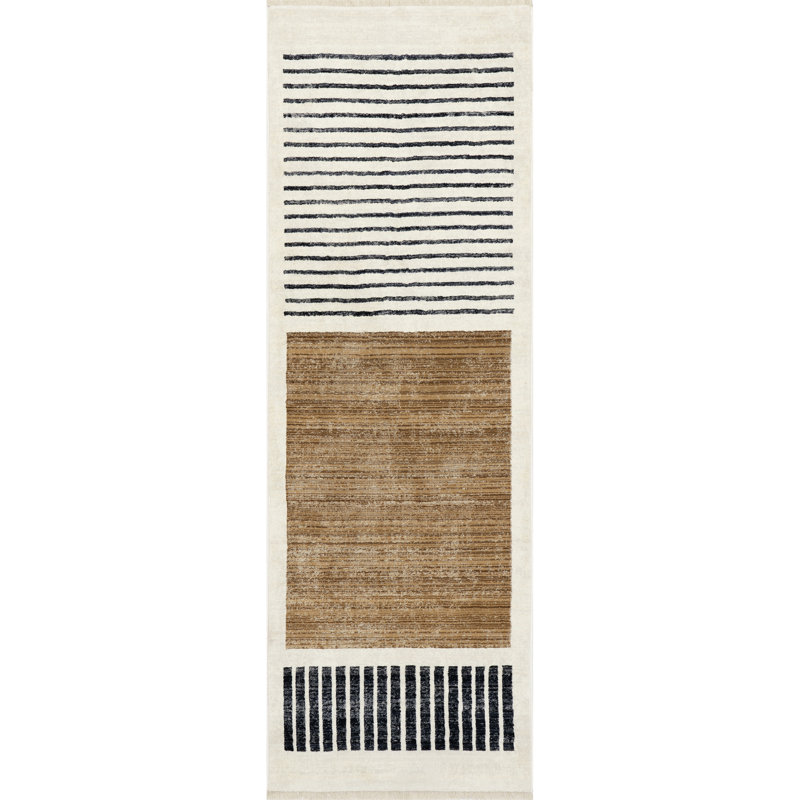 Keeva Modern Striped Fringe Area Rug, Runner 2'8" x 7'10", Beige/Brown