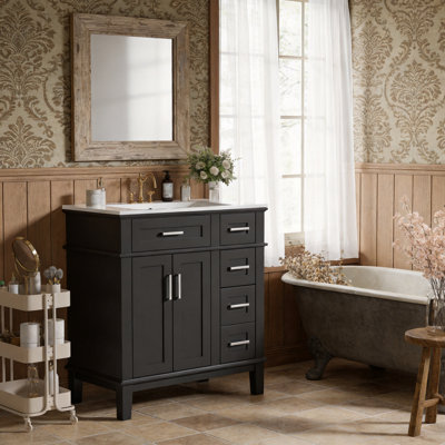 Meuble-lavabo moderne de 30 po avec lavabo en céramique, armoire de rangement compacte avec portes et tiroirs à fermeture en douceur, meuble-lavabo à cadre en bois massif avec poignées en alliage de zinc doré