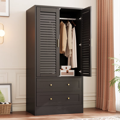 65" Louvred Armoire Wardrobe Closet with 2 Doors & 2 Drawers, Wood Storage Cabinet with Hanging Rod for Bedroom, Laundry Room, Entrance Hall, Black