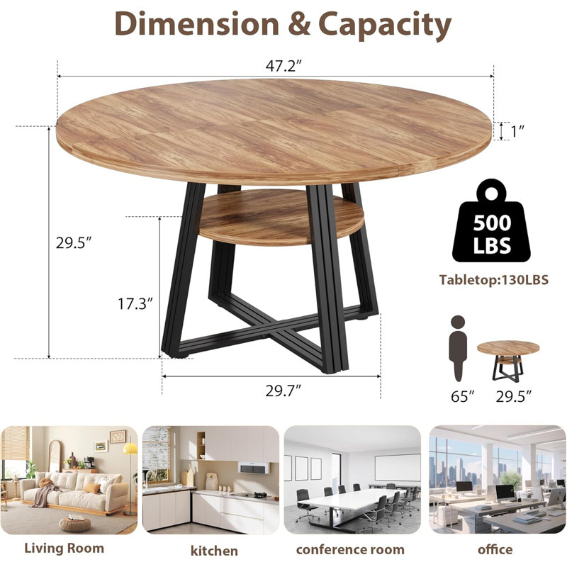 47.2" Round Farmhouse Dining Table Seats 4-6, Wood Top with 2-Tier Storage Shelf & X-Shaped Metal Base for Dining Room Living Room Apartment