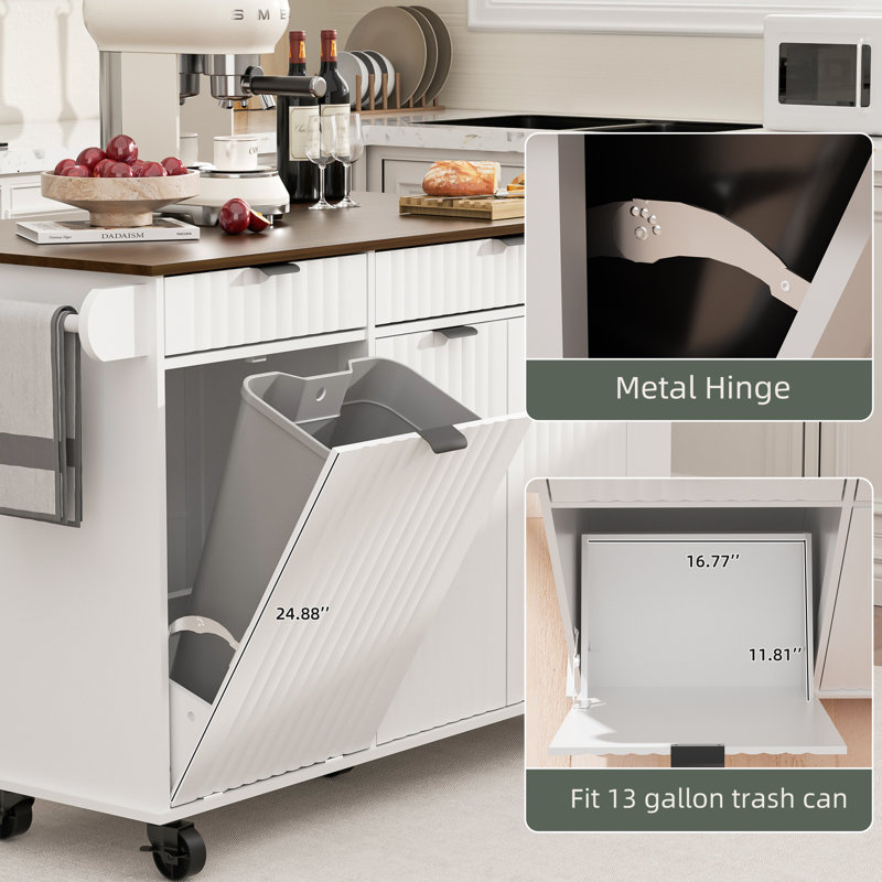 47" Kitchen Island With Wavy Door, Hidden Trash Storage & Drop-leaf Countertop, Rolling Kitchen Cart With Spice Rack, Drawers And Locking Wheels, Mobile Island Table For Kitchen