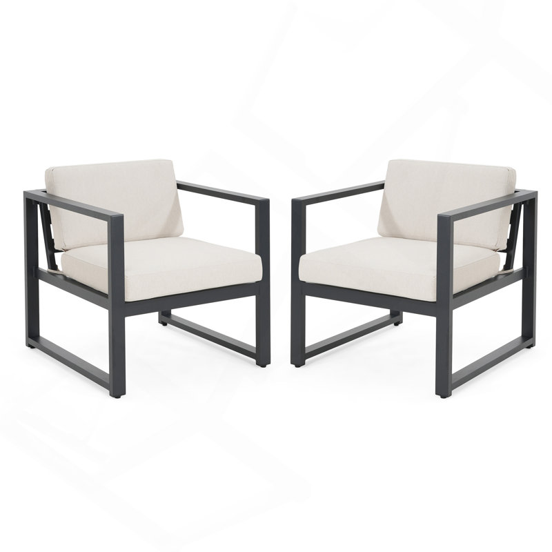Fauteuil club d'extérieur, ensemble de 2, cadre noir avec coussin beige