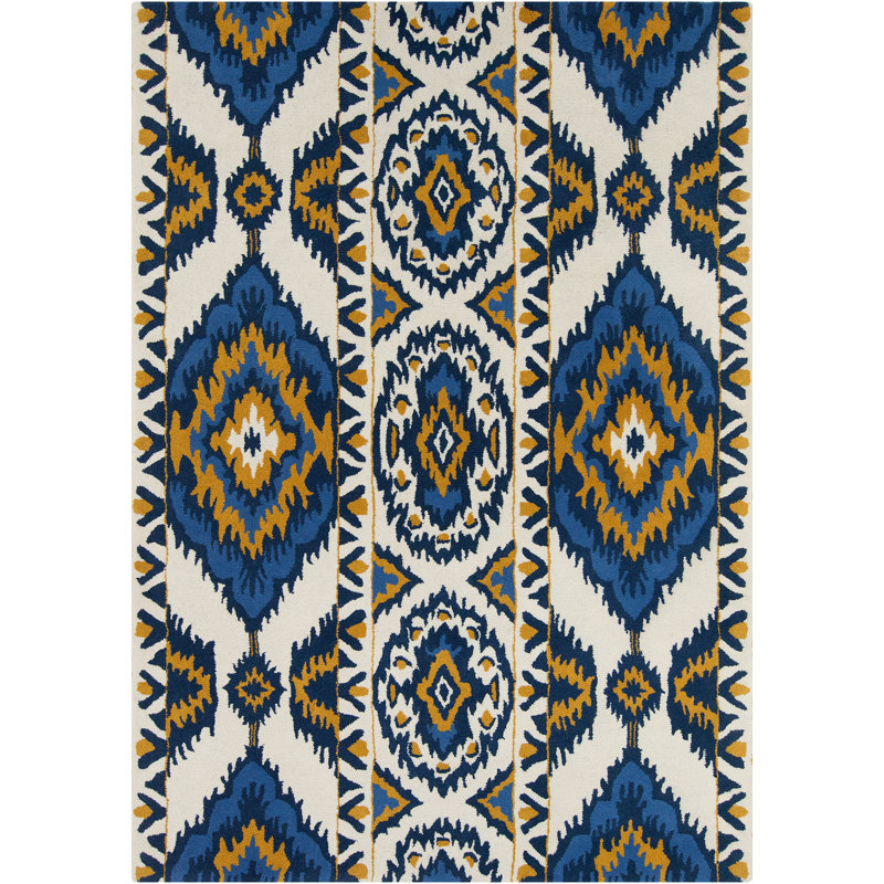 Acworth Authentic Hand-Tufted Handmade Blue, Gold & Ivory Ikat-Like Design Global Wool Area Rug, 5' x 7'