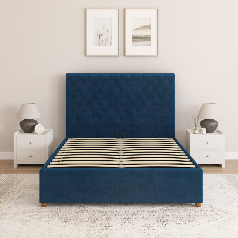 Upholstered Ottoman Storage Bed, Plush Velvet Navy, Superking (197 x 230 cm)