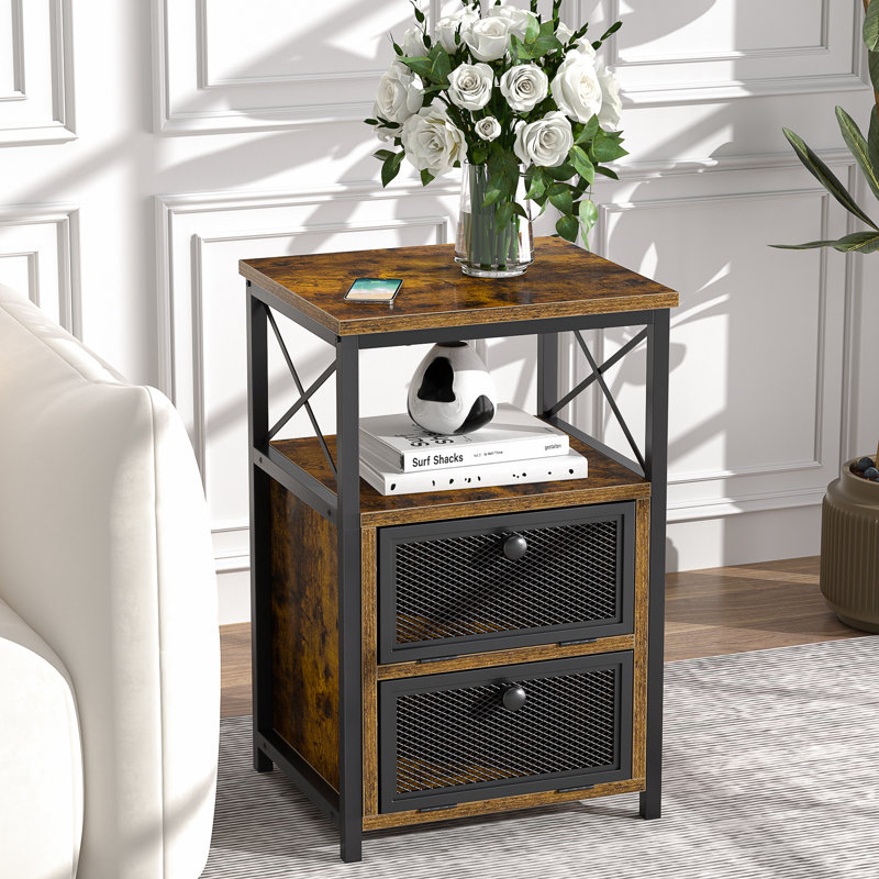 Narrow Side Table Set Of 2 With Drawer, End Table Set, Bedside Furniturefor Small Spaces, Brown