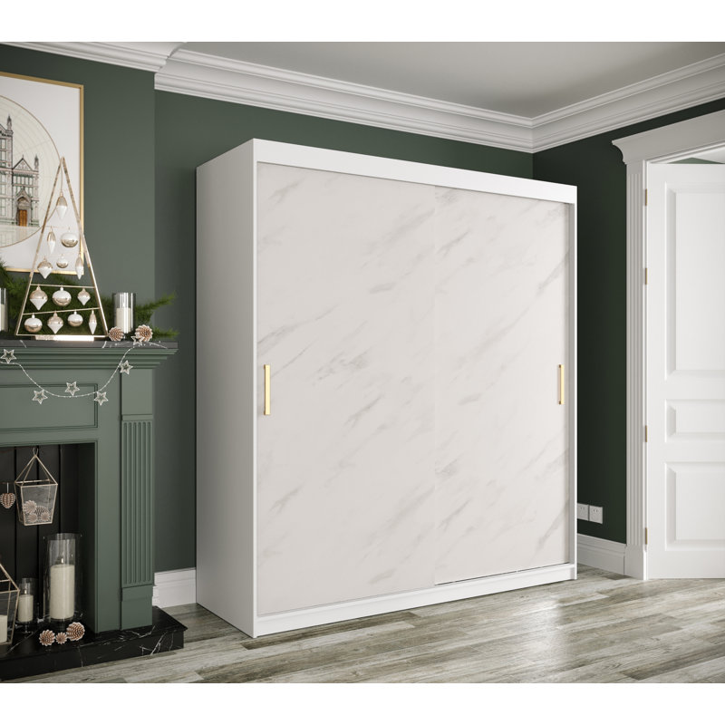 Almantas Manufactured Wood Wardrobe, 200cm H x 180cm W x 62cm D, White Matt/White Marble